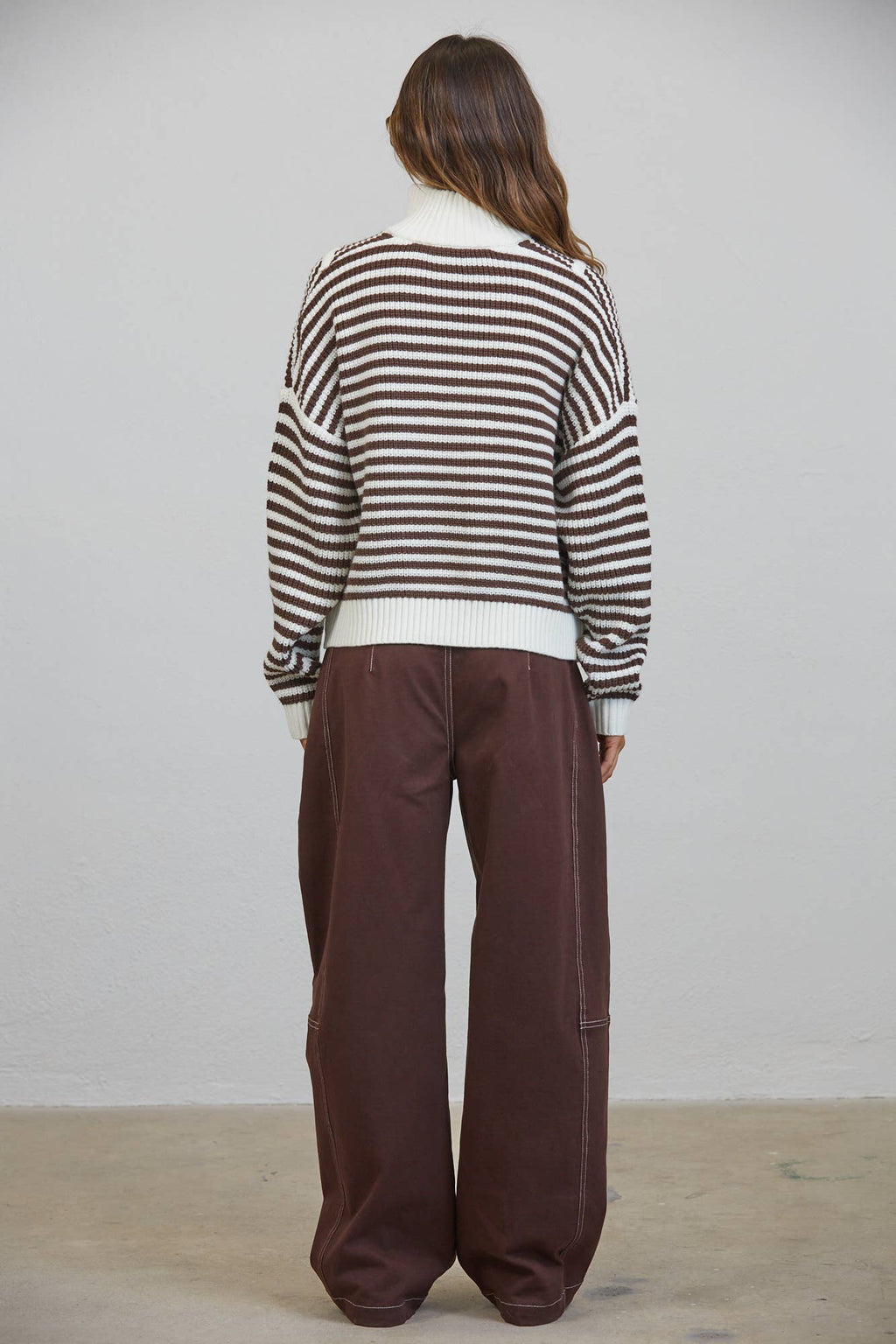 HSW1288 Preppy Californian Half-zip Striped Sweater-Brown