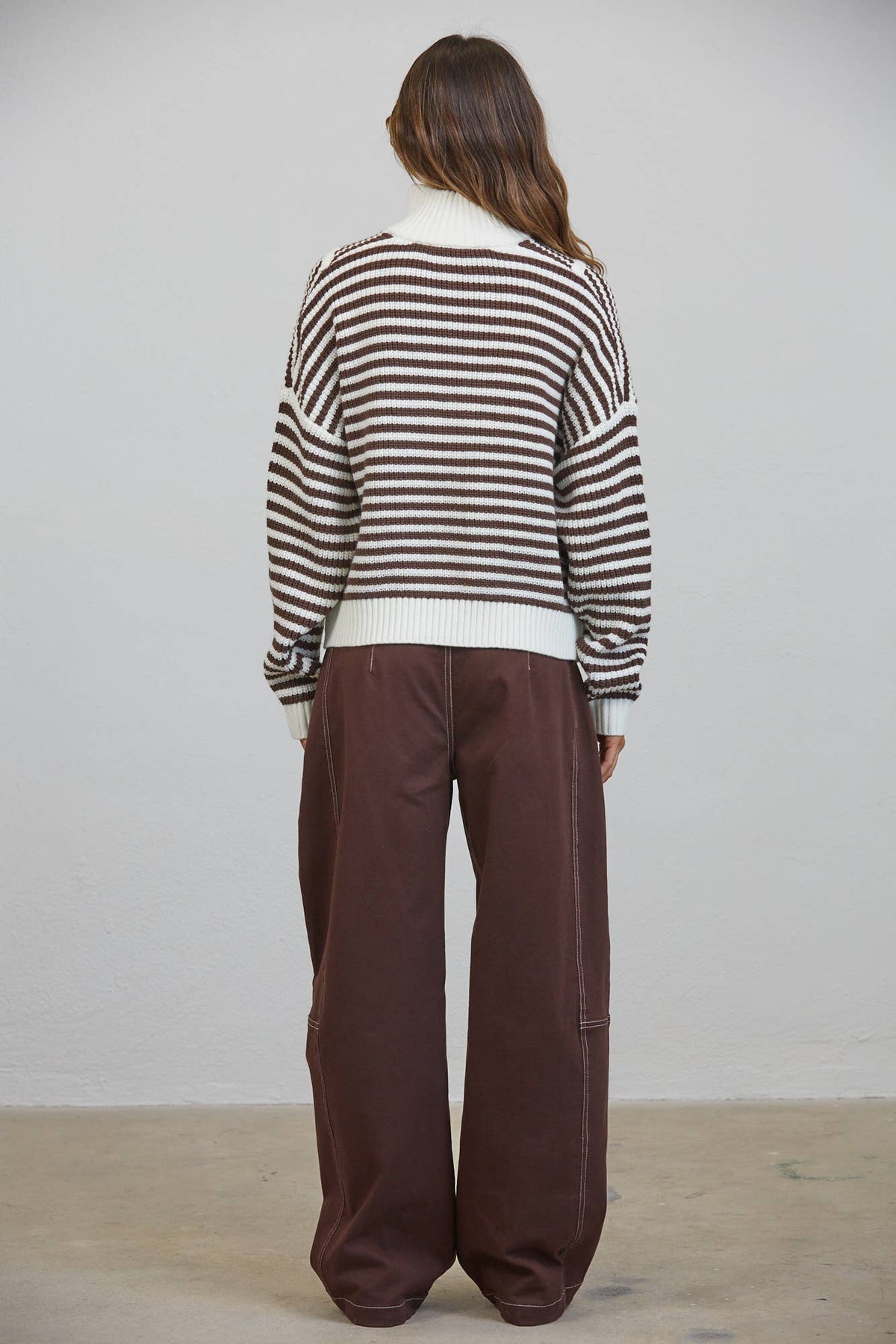 HSW1288 Preppy Californian Half-zip Striped Sweater-Brown