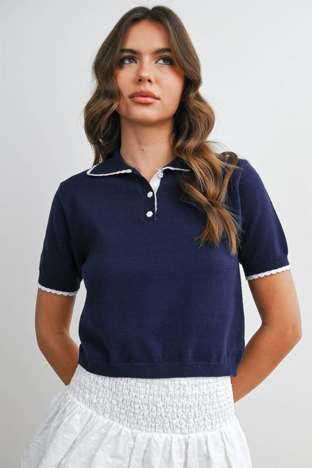 Scalloped Trim Knit Polo Top - BMW8391