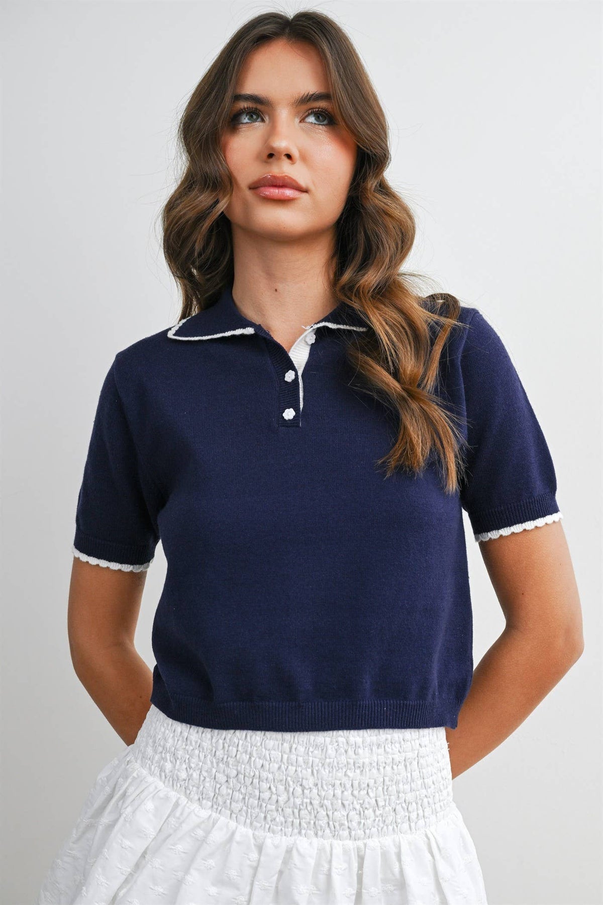 Scalloped Trim Knit Polo Top - BMW8391