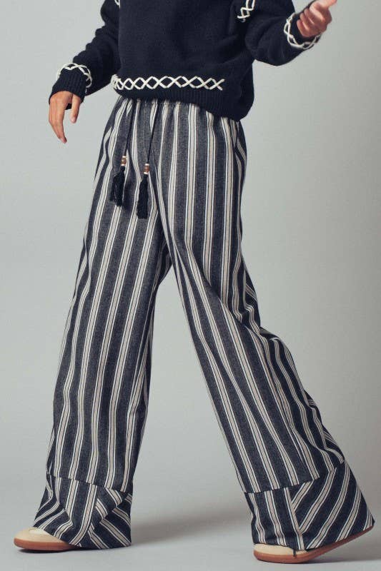 Striped Tassel Tie Wide-Leg Pants