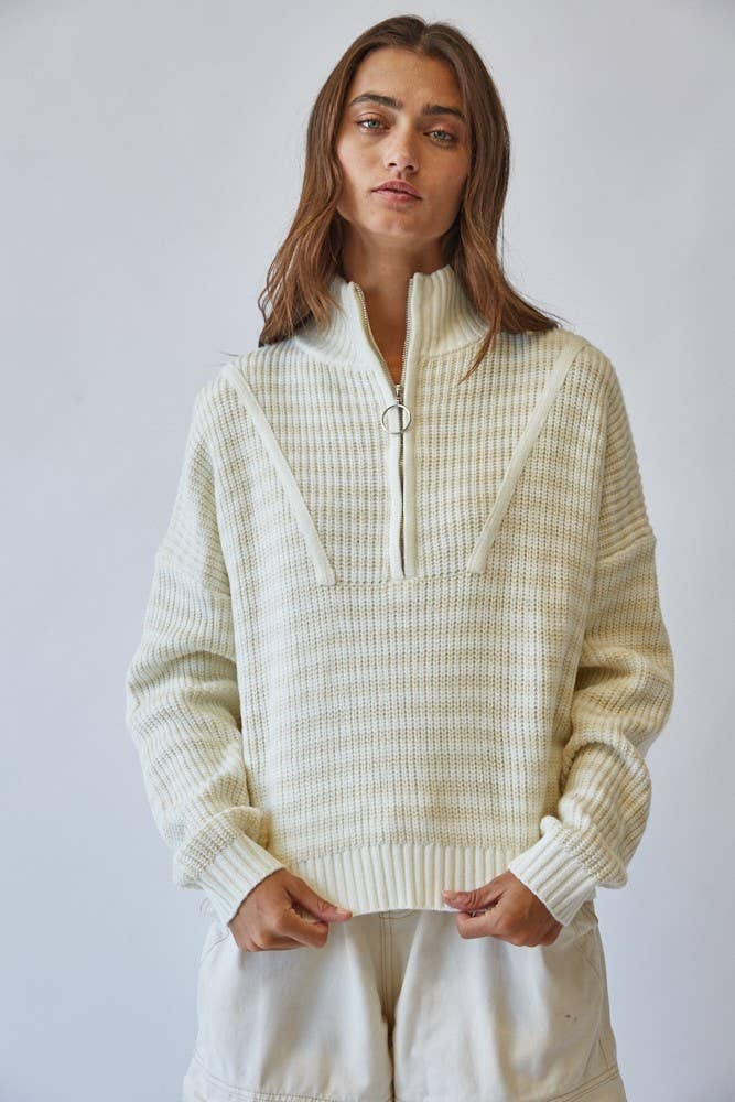 HSW1288 Preppy Californian Half-zip Striped Sweater-Ecru