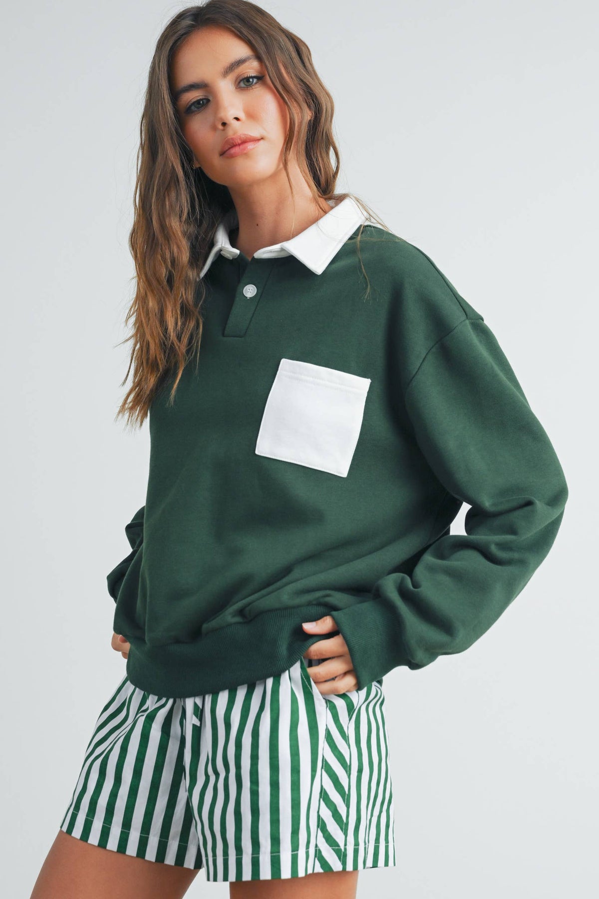 Two-Toned Polo Collar Sweatshirt - BMT7525