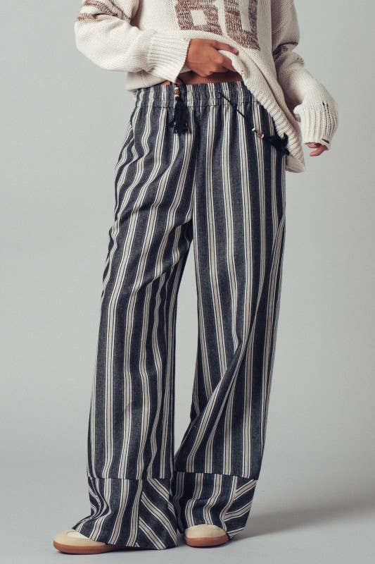 Striped Tassel Tie Wide-Leg Pants