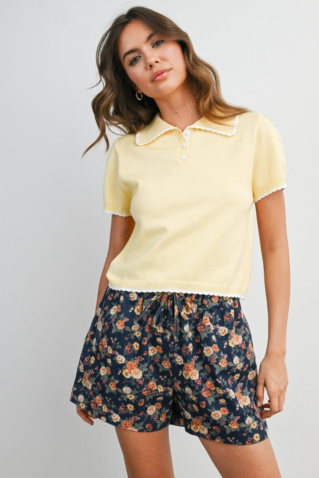 Scalloped Trim Knit Polo Top - BMW8391