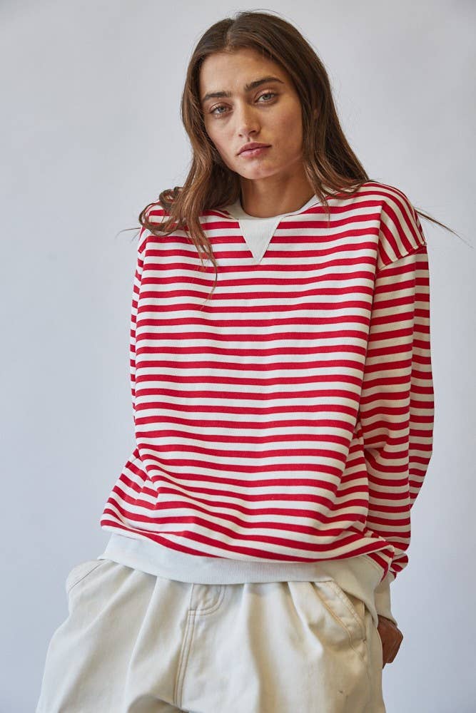 HT1427-3 RED Classic Blue Stripe Pullover Sweatshirt