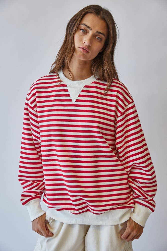 HT1427-3 RED Classic Blue Stripe Pullover Sweatshirt
