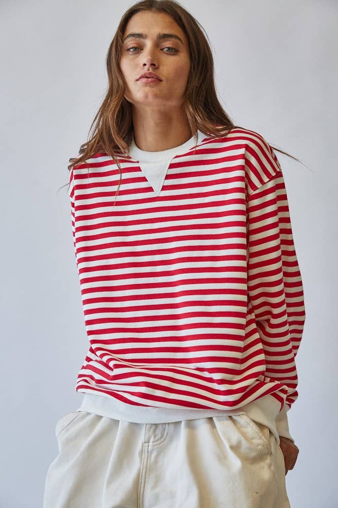 HT1427-3 RED Classic Blue Stripe Pullover Sweatshirt