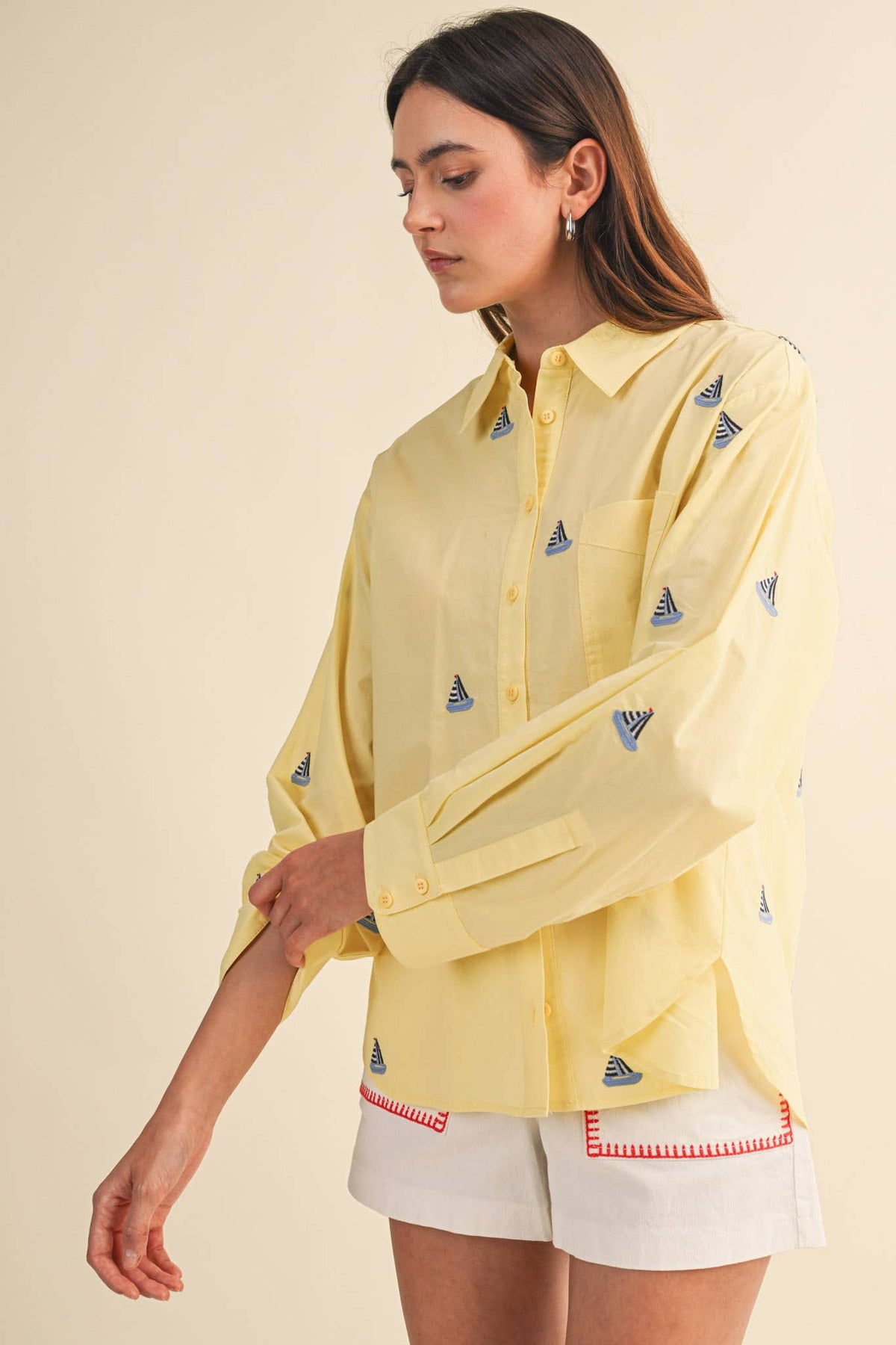 SAILBOAT EMBROIDERY BUTTON DOWN SHIRT MTP4688