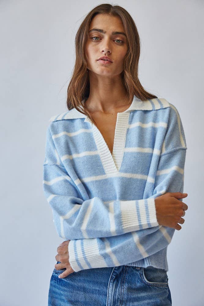 HSW1260-NAVY-Striped V Neck Collared Soft Sweater