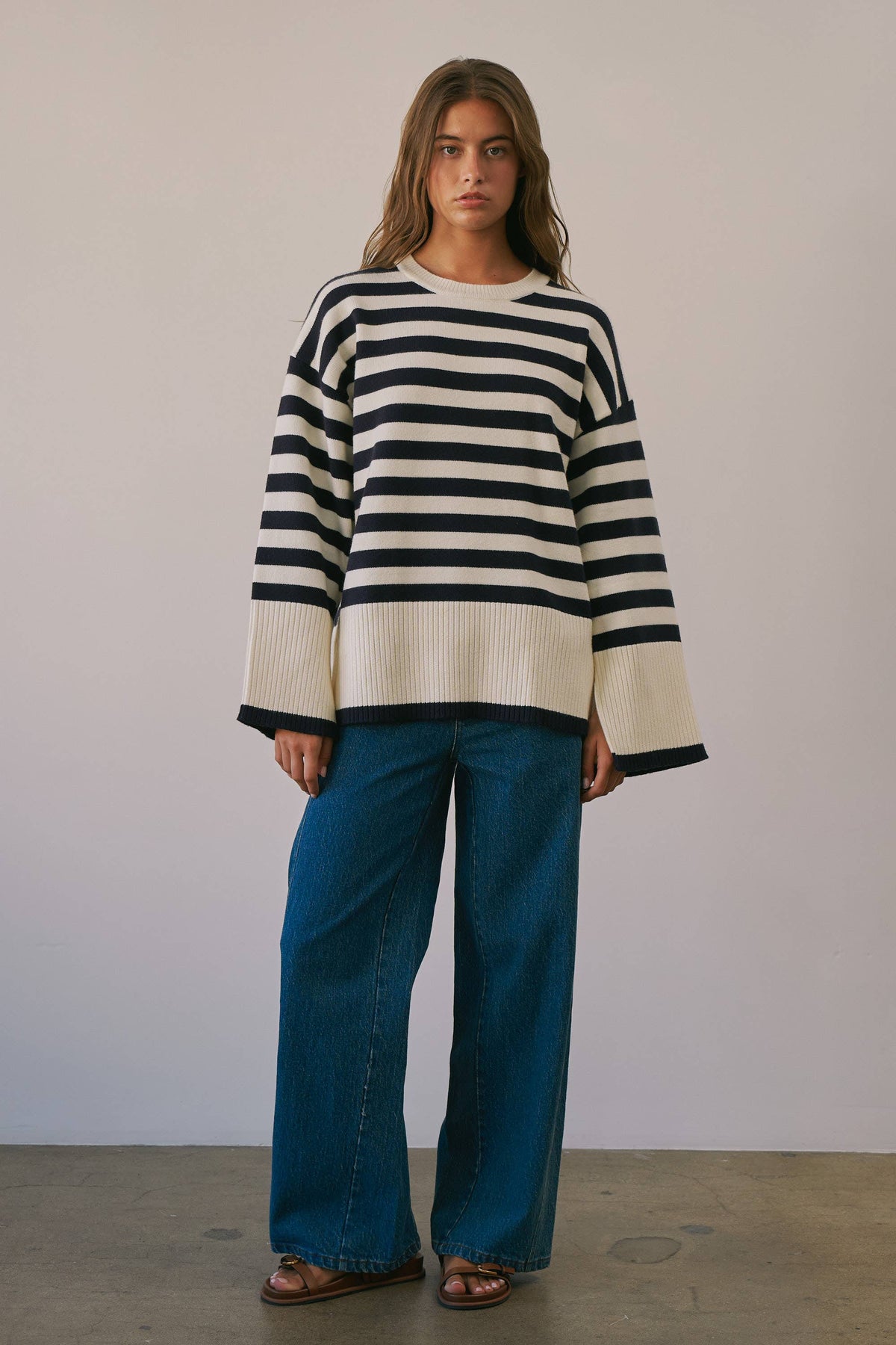 BSW1243 Striped Crew Neck Long Sleeve Sweater (NAVY)