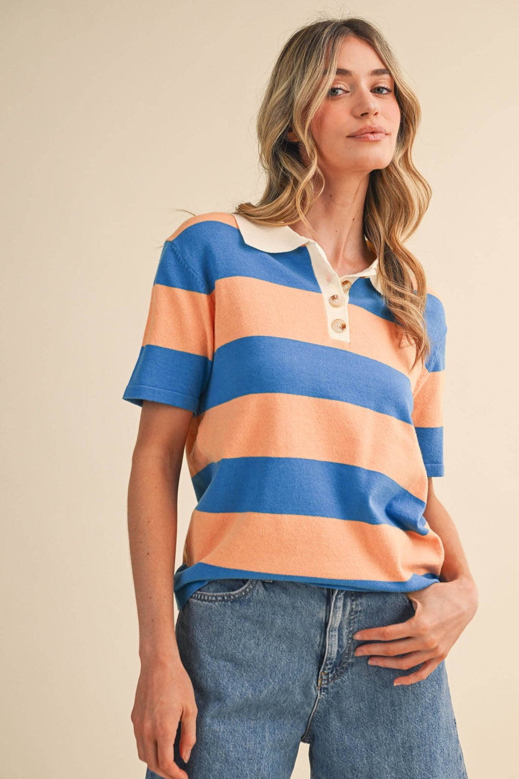 STRIPED SWEATER KNIT SHORT SLEEVE POLO MSW11339