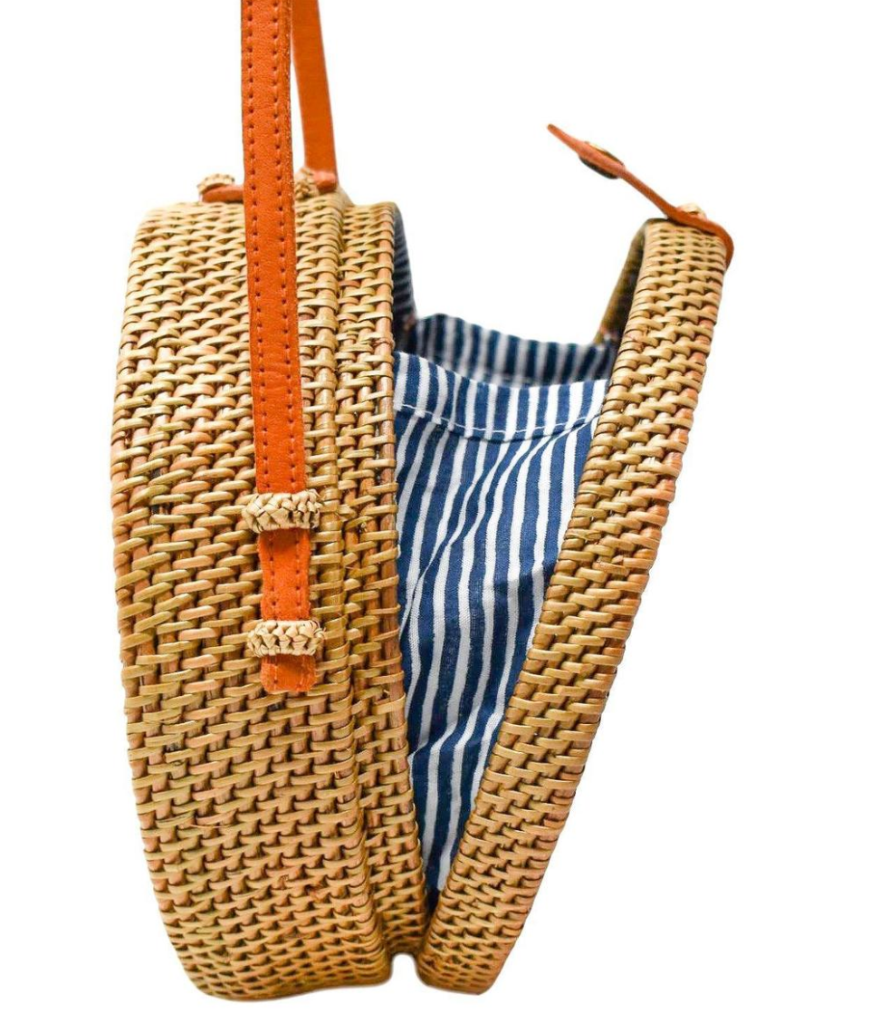 Camilla Round Rattan Bag with Navy Nantucket Stripe- Natural